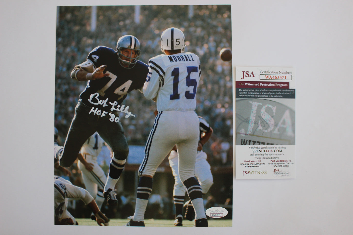 BOB LILLY DALLAS COWBOYS SIGNED 8x10 PHOTO vs COLTS w/HOF 80 JSA COA