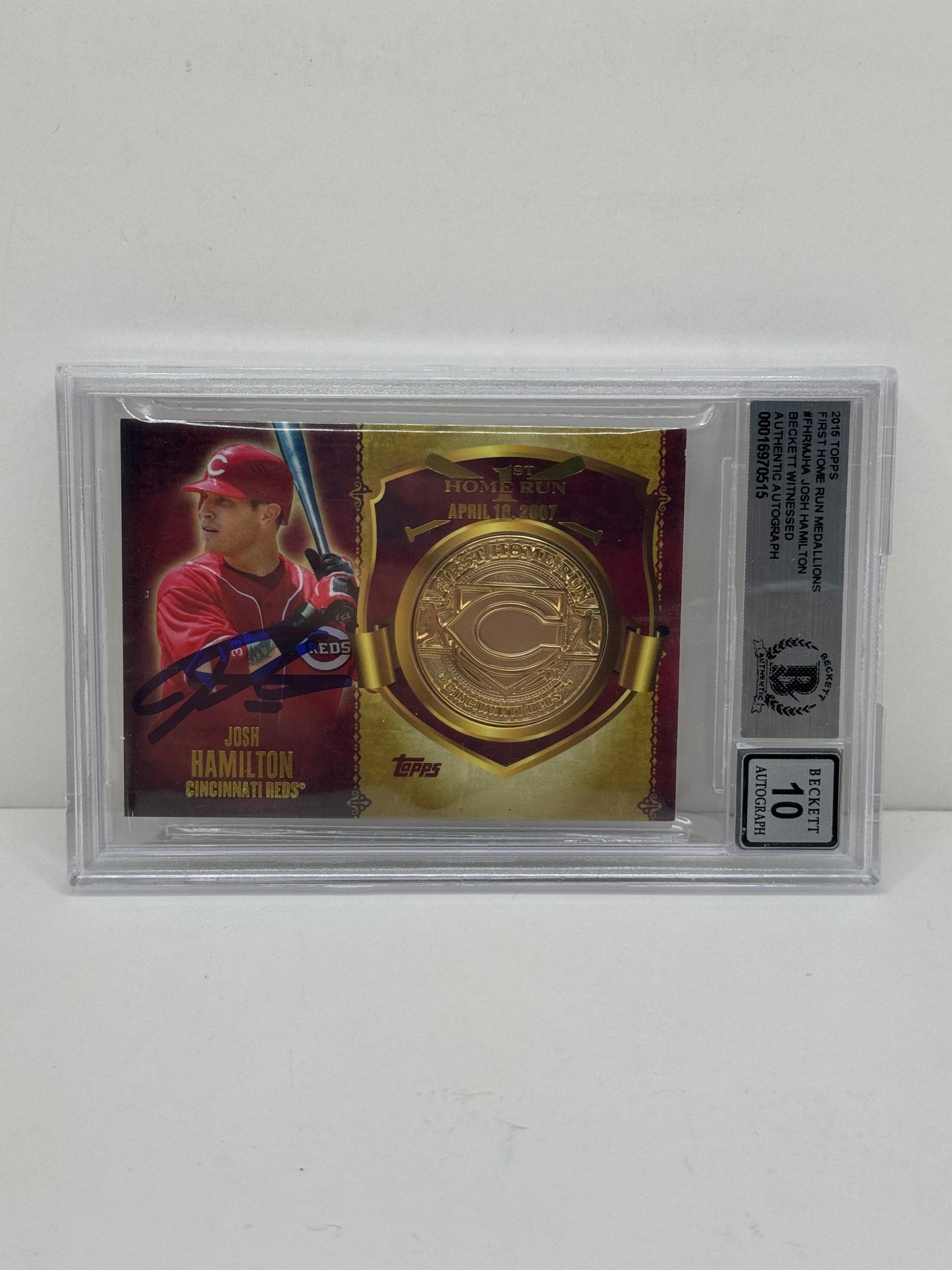 2015 Topps First Home Run Medallions #FHRMJHA Josh Hamiltion BGS 10 Autograph