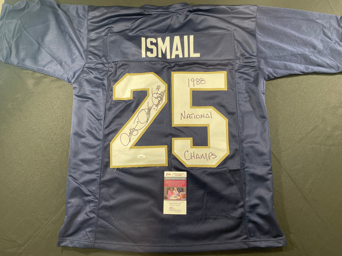 ROCKET ISMAIL NOTRE DAME SIGNED JERSEY (FULL SIG) w/"1988 National Champs" JSA