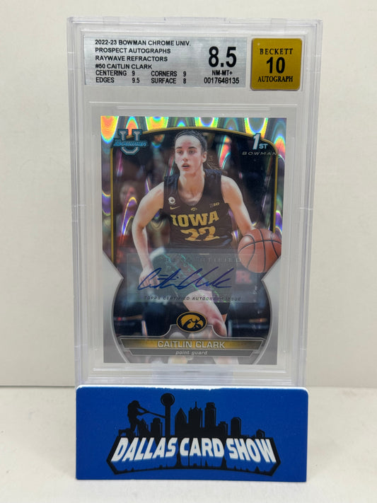 2022-23 Bowman Chrome University #50 Caitlin Clark Raywave Refractor /199 BGS 8.5