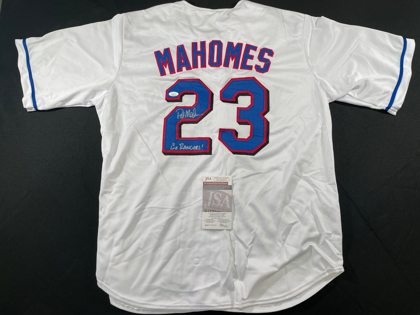 PAT MAHOMES SR. TEXAS RANGERS SIGNED JERSEY w/GO RANGERS XL JSA COA
