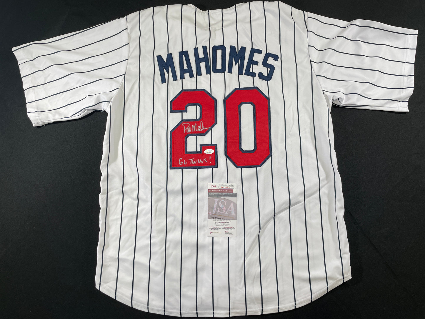 PAT MAHOMES SR. MINNESOTA TWINS SIGNED JERSEY w/GO TWINS! XL JSA COA