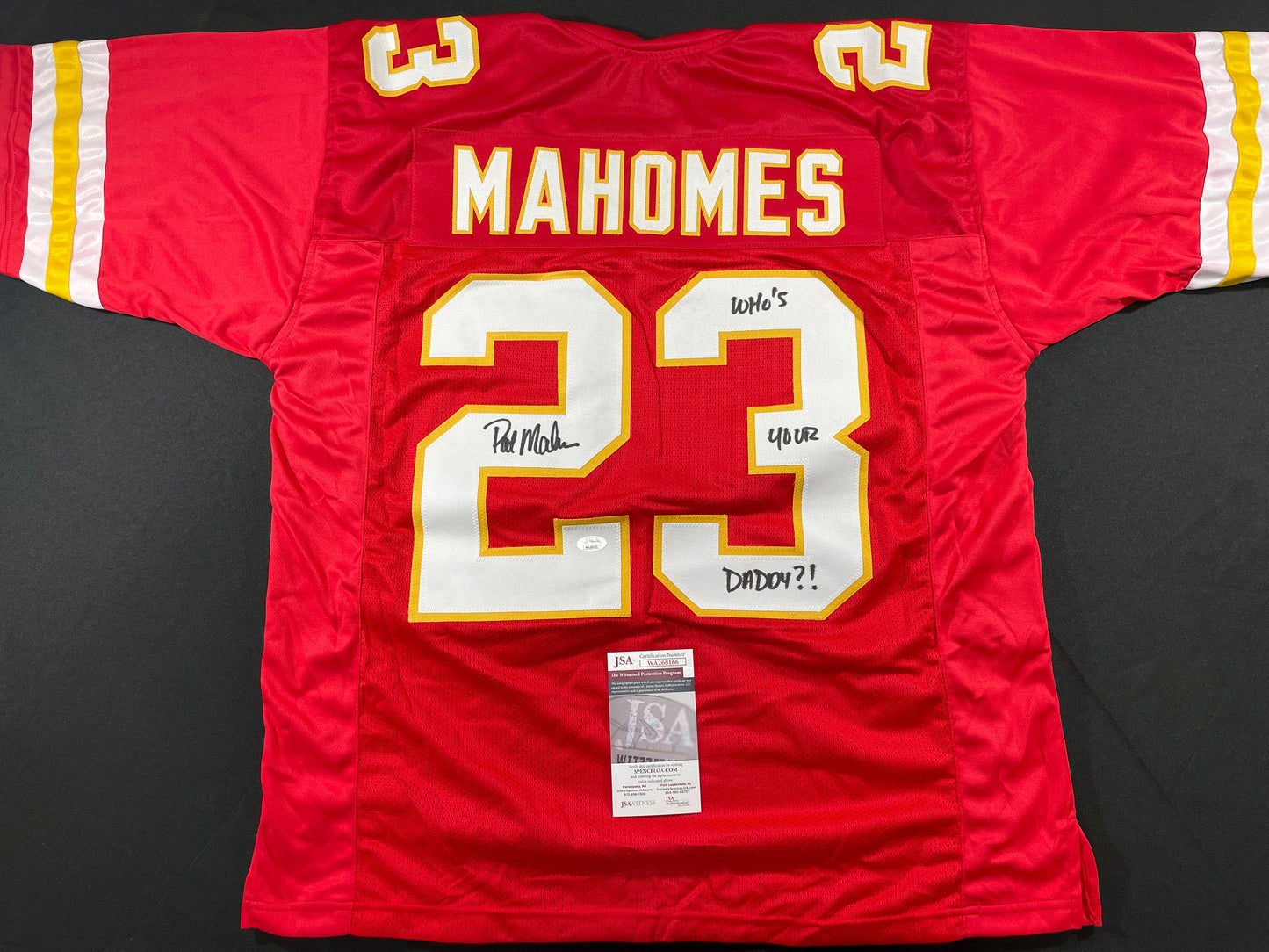 PAT PATRICK MAHOMES SR SIGNED JERSEY KC CHIEFS w/ Who'sYourDaddy JSA