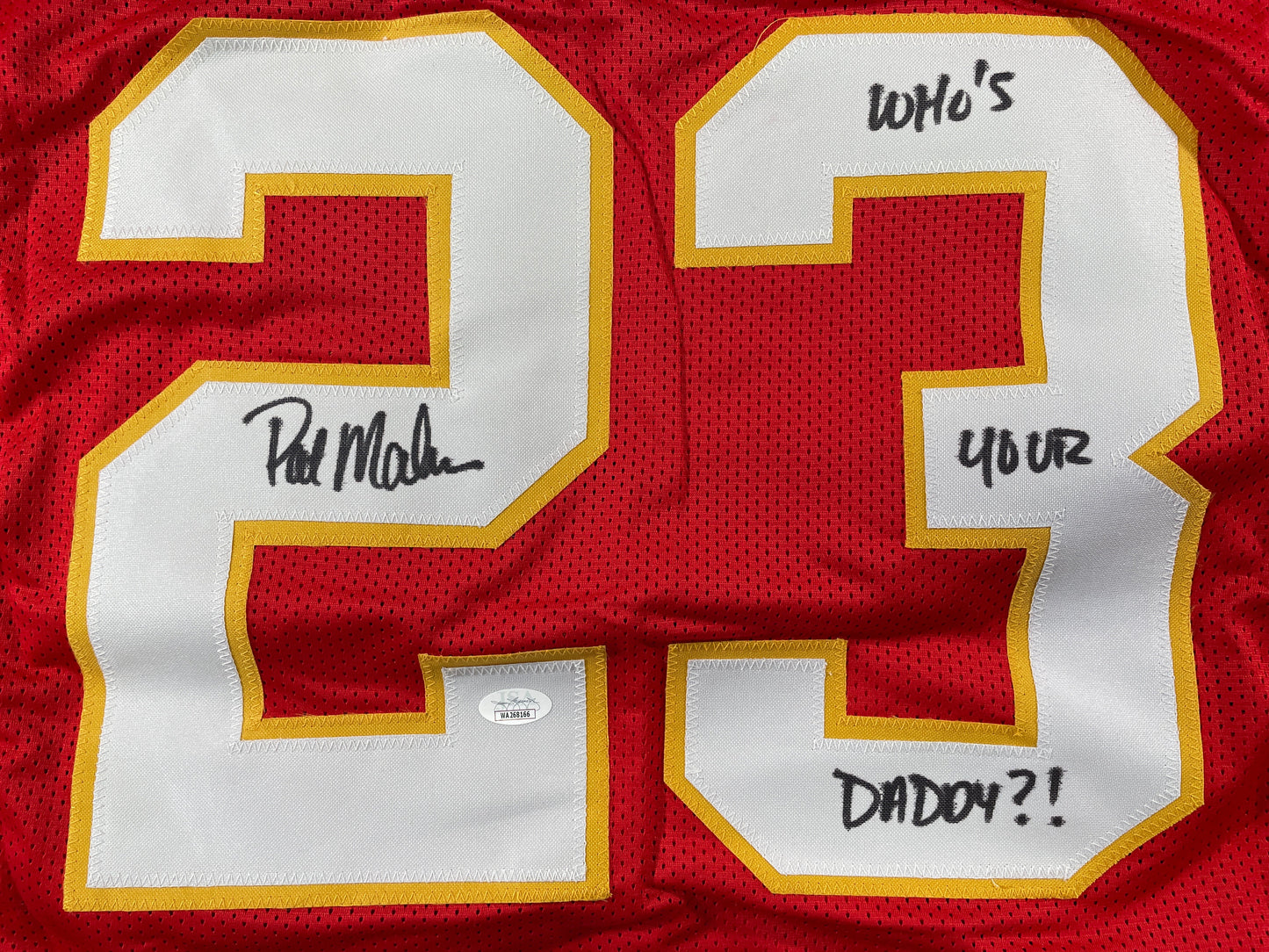 PAT PATRICK MAHOMES SR SIGNED JERSEY KC CHIEFS w/ Who'sYourDaddy JSA