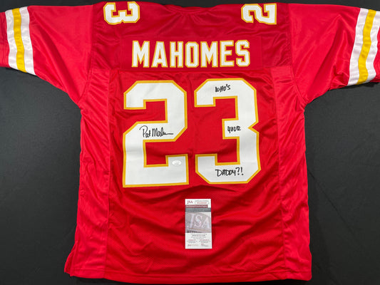 PAT PATRICK MAHOMES SR SIGNED JERSEY KC CHIEFS w/ Who'sYourDaddy Twins JSA COA