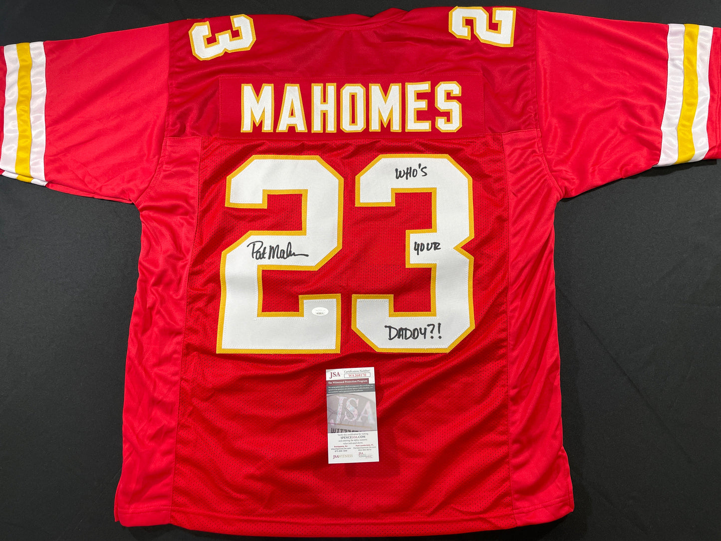 PAT PATRICK MAHOMES SR SIGNED JERSEY KC CHIEFS w/ Who'sYourDaddy Twins JSA COA