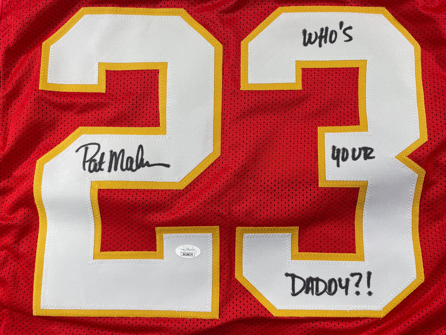 PAT PATRICK MAHOMES SR SIGNED JERSEY KC CHIEFS w/ Who'sYourDaddy Twins JSA COA