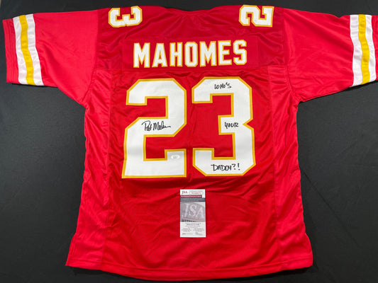 PAT PATRICK MAHOMES SR SIGNED JERSEY KC CHIEFS w/ Who'sYourDaddy Twins JSA COA