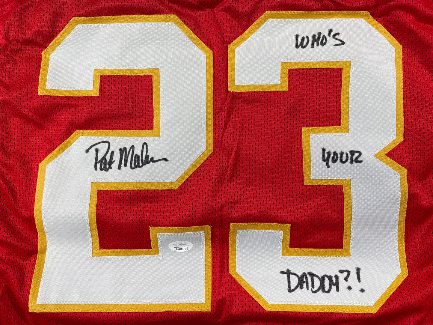 PAT PATRICK MAHOMES SR SIGNED JERSEY KC CHIEFS w/ Who'sYourDaddy Twins JSA COA