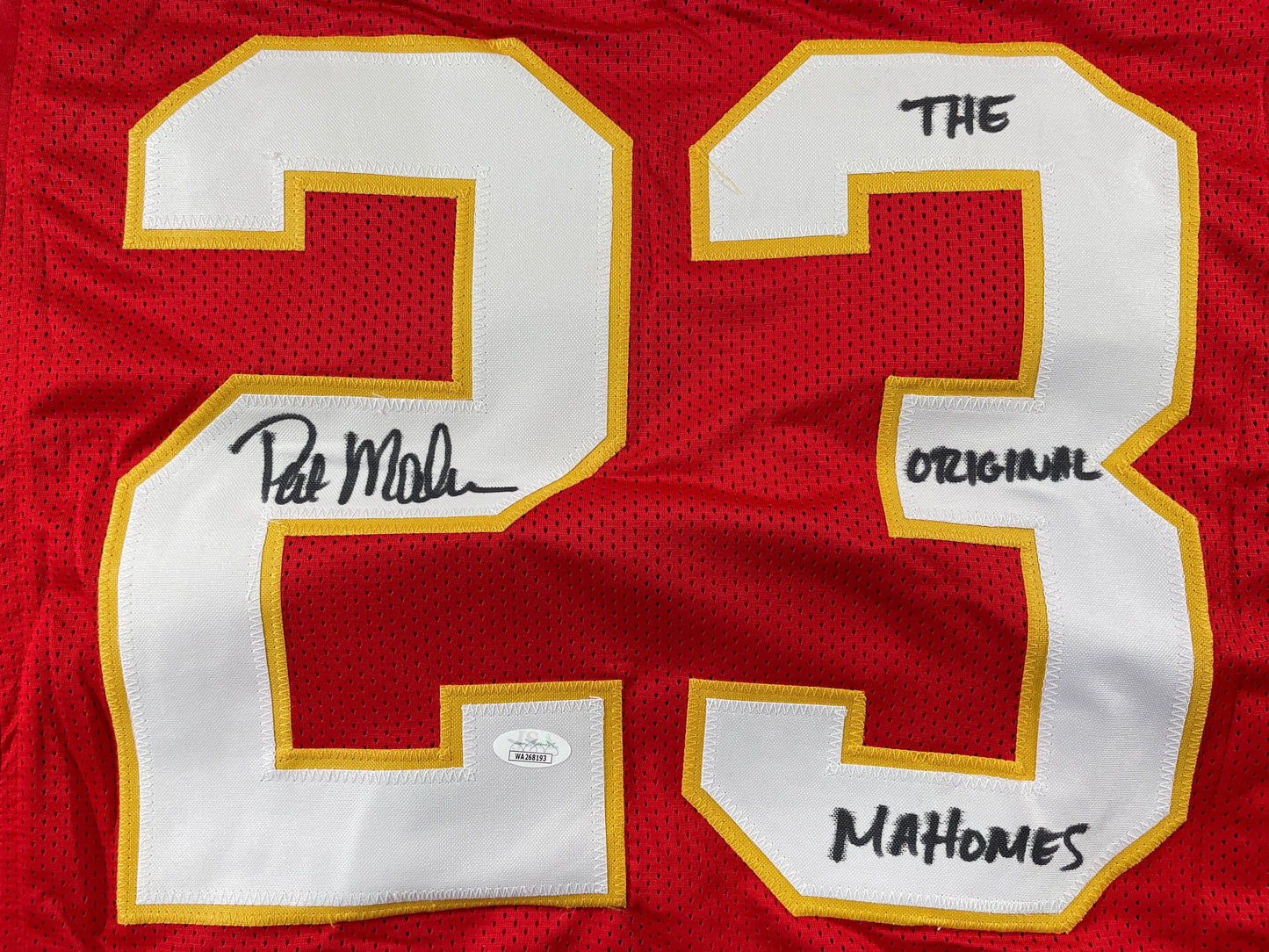 PAT PATRICK MAHOMES SR SIGNED JERSEY KC CHIEFS w/ Who'sYourDaddy Twins JSA COA