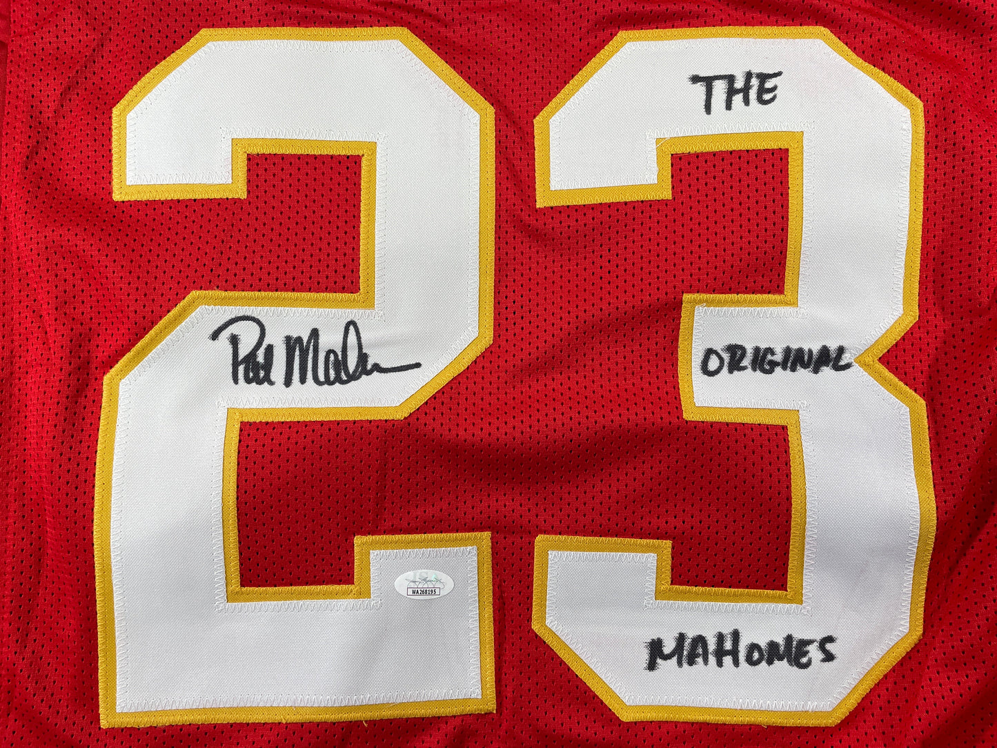 PAT PATRICK MAHOMES SR SIGNED JERSEY KC CHIEFS w/ Who'sYourDaddy Twins JSA COA