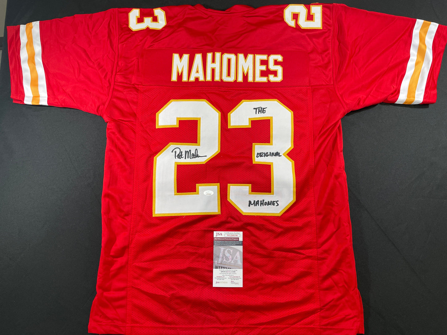 PAT PATRICK MAHOMES SR SIGNED JERSEY KC CHIEFS w/ Who'sYourDaddy Twins JSA COA
