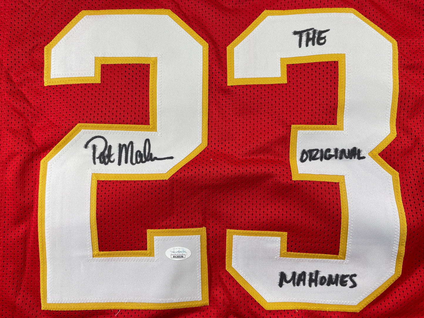 PAT PATRICK MAHOMES SR SIGNED JERSEY KC CHIEFS w/ Who'sYourDaddy Twins JSA COA