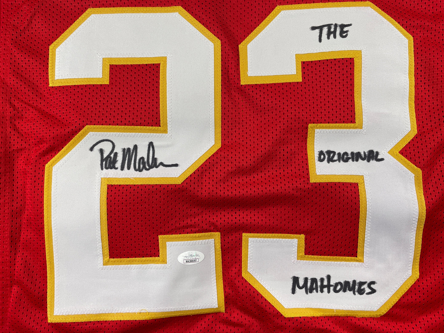PAT PATRICK MAHOMES SR SIGNED JERSEY KC CHIEFS w/ Who'sYourDaddy Twins JSA COA