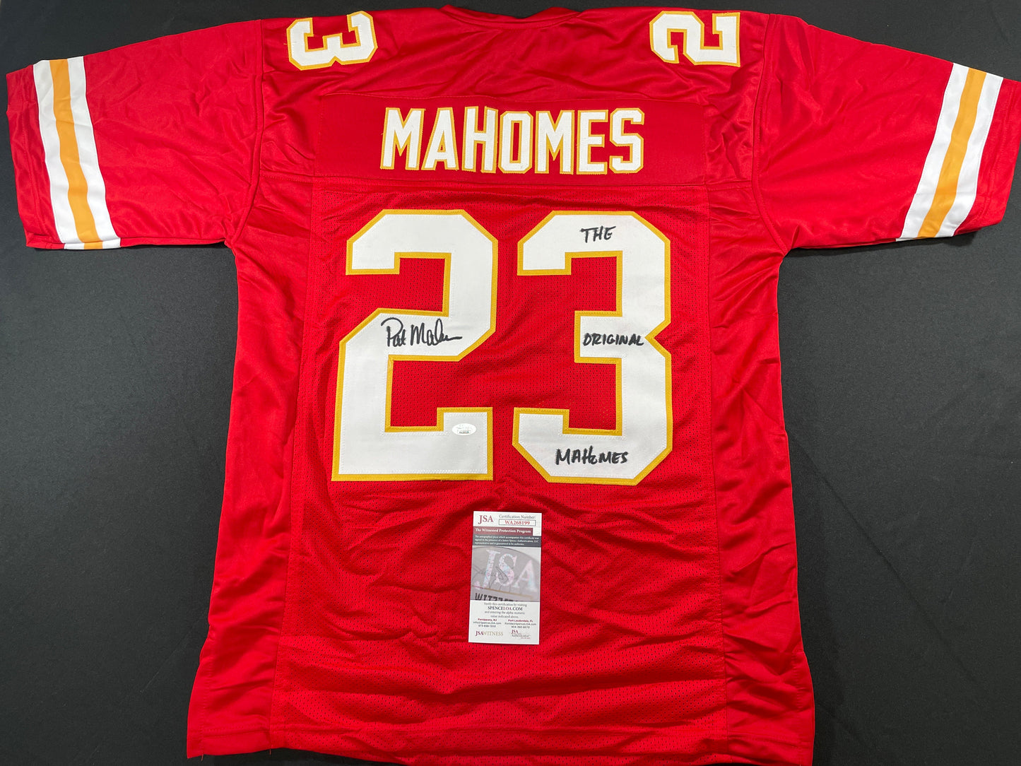 PAT PATRICK MAHOMES SR SIGNED JERSEY KC CHIEFS w/ Who'sYourDaddy Twins JSA COA