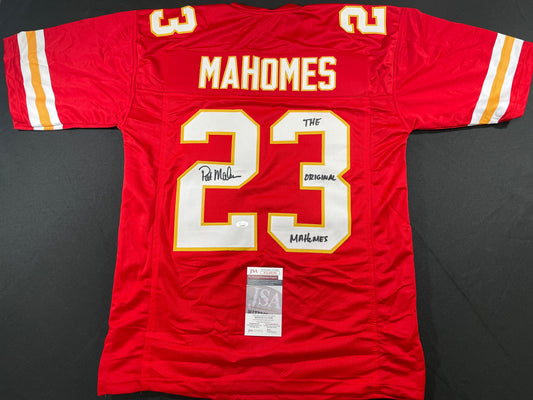 PAT PATRICK MAHOMES SR SIGNED JERSEY KC CHIEFS w/ Who'sYourDaddy Twins JSA COA