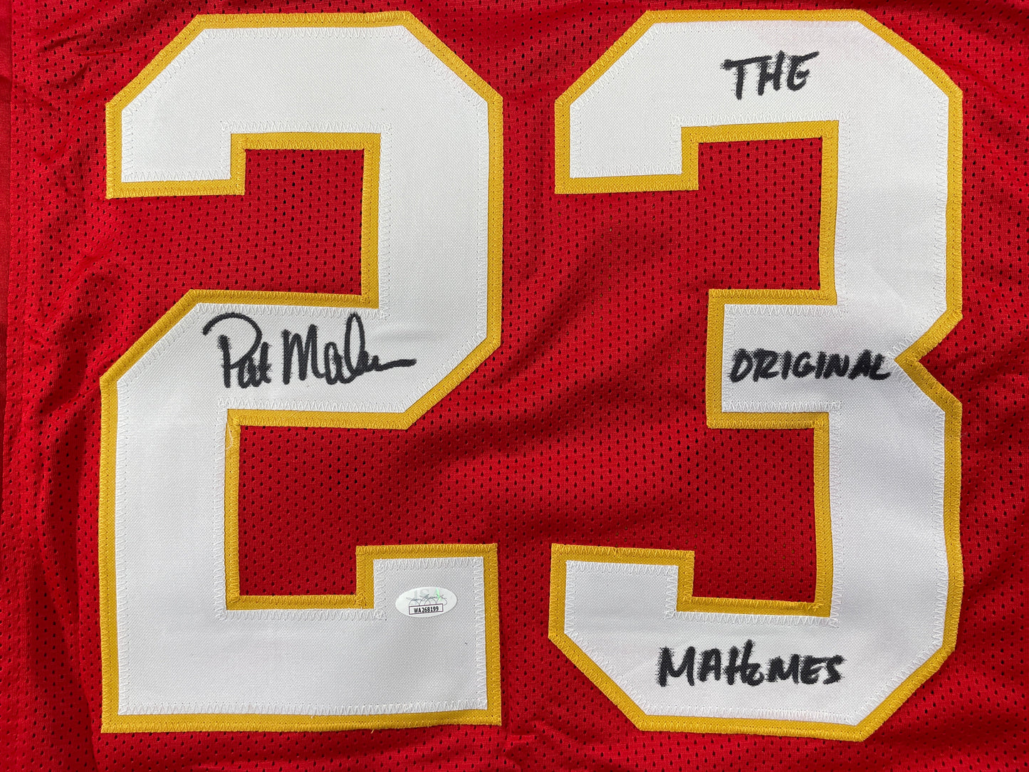 PAT PATRICK MAHOMES SR SIGNED JERSEY KC CHIEFS w/ Who'sYourDaddy Twins JSA COA