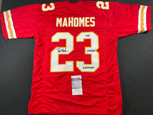 PAT PATRICK MAHOMES SR SIGNED JERSEY KC CHIEFS w/ Who'sYourDaddy Twins JSA COA