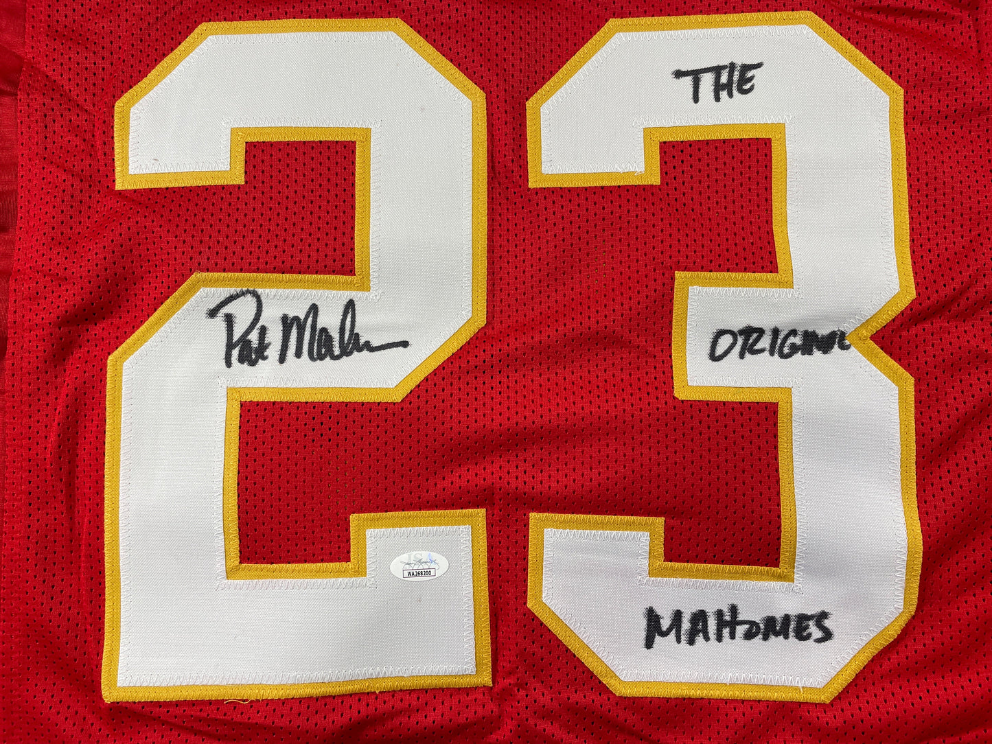 PAT PATRICK MAHOMES SR SIGNED JERSEY KC CHIEFS w/ Who'sYourDaddy Twins JSA COA