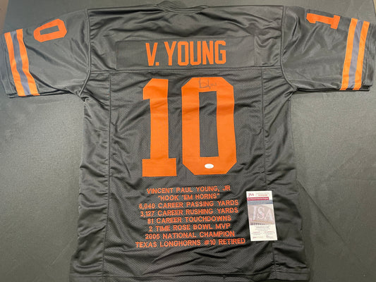 VINCE YOUNG BLACK TEXAS LONGHORNS SIGNED STAT JERSEY JSA COA