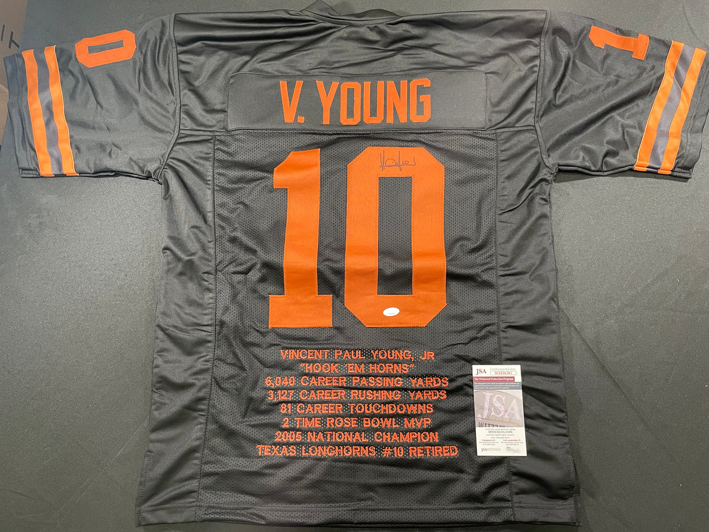 VINCE YOUNG BLACK TEXAS LONGHORNS SIGNED STAT JERSEY JSA COA