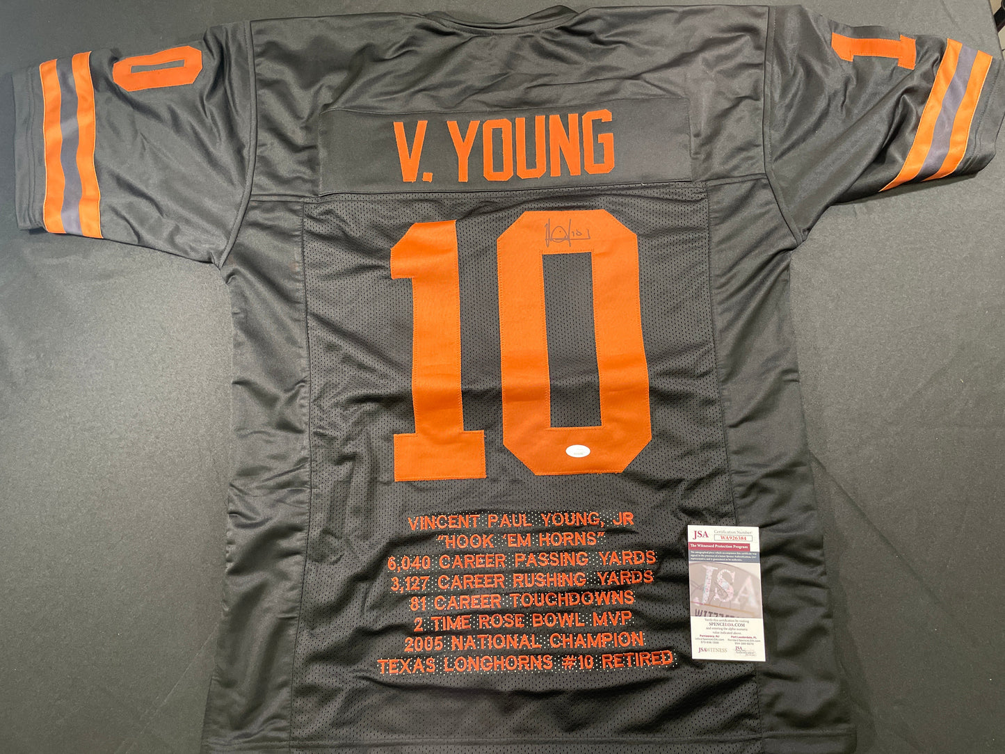 VINCE YOUNG BLACK TEXAS LONGHORNS SIGNED STAT JERSEY JSA COA