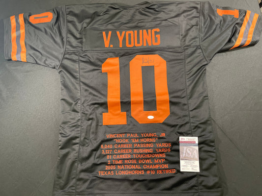 VINCE YOUNG BLACK TEXAS LONGHORNS SIGNED STAT JERSEY JSA COA