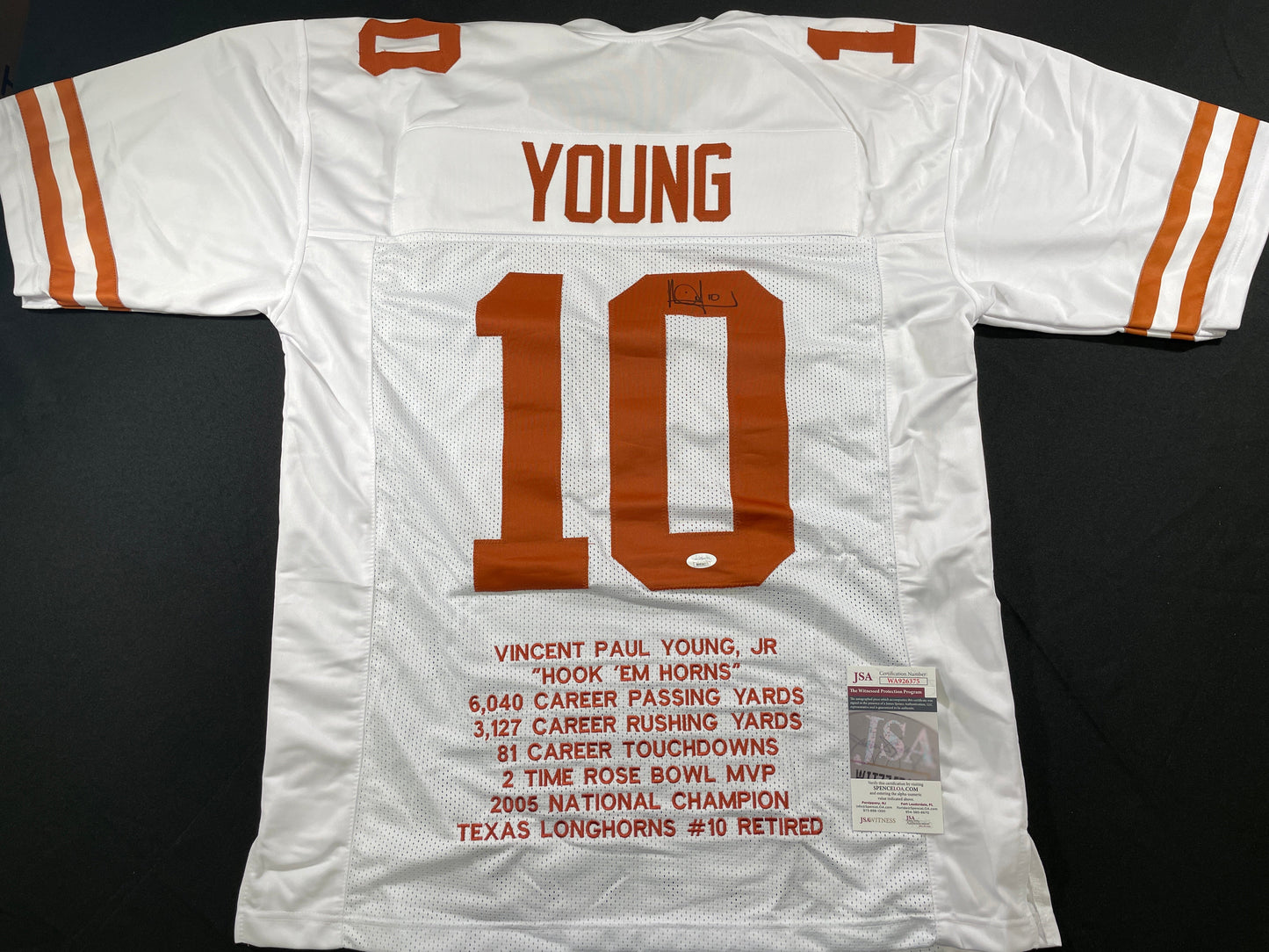 VINCE YOUNG WHITE TEXAS LONGHORNS SIGNED STAT JERSEY JSA COA