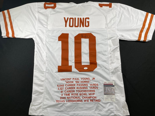 VINCE YOUNG WHITE TEXAS LONGHORNS SIGNED STAT JERSEY JSA COA