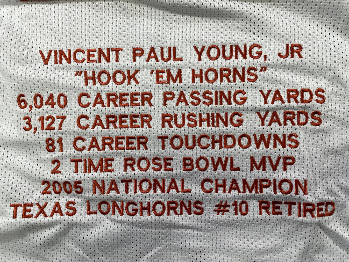VINCE YOUNG WHITE TEXAS LONGHORNS SIGNED STAT JERSEY JSA COA