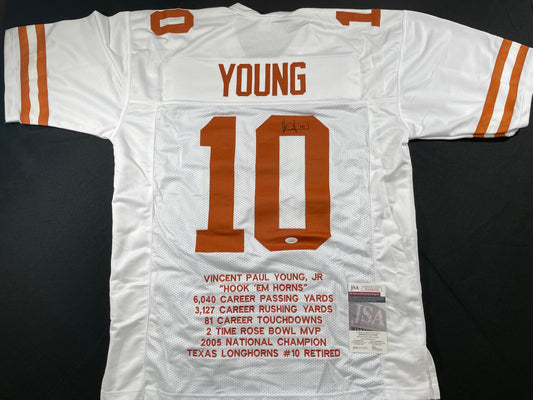 VINCE YOUNG WHITE TEXAS LONGHORNS SIGNED STAT JERSEY JSA COA