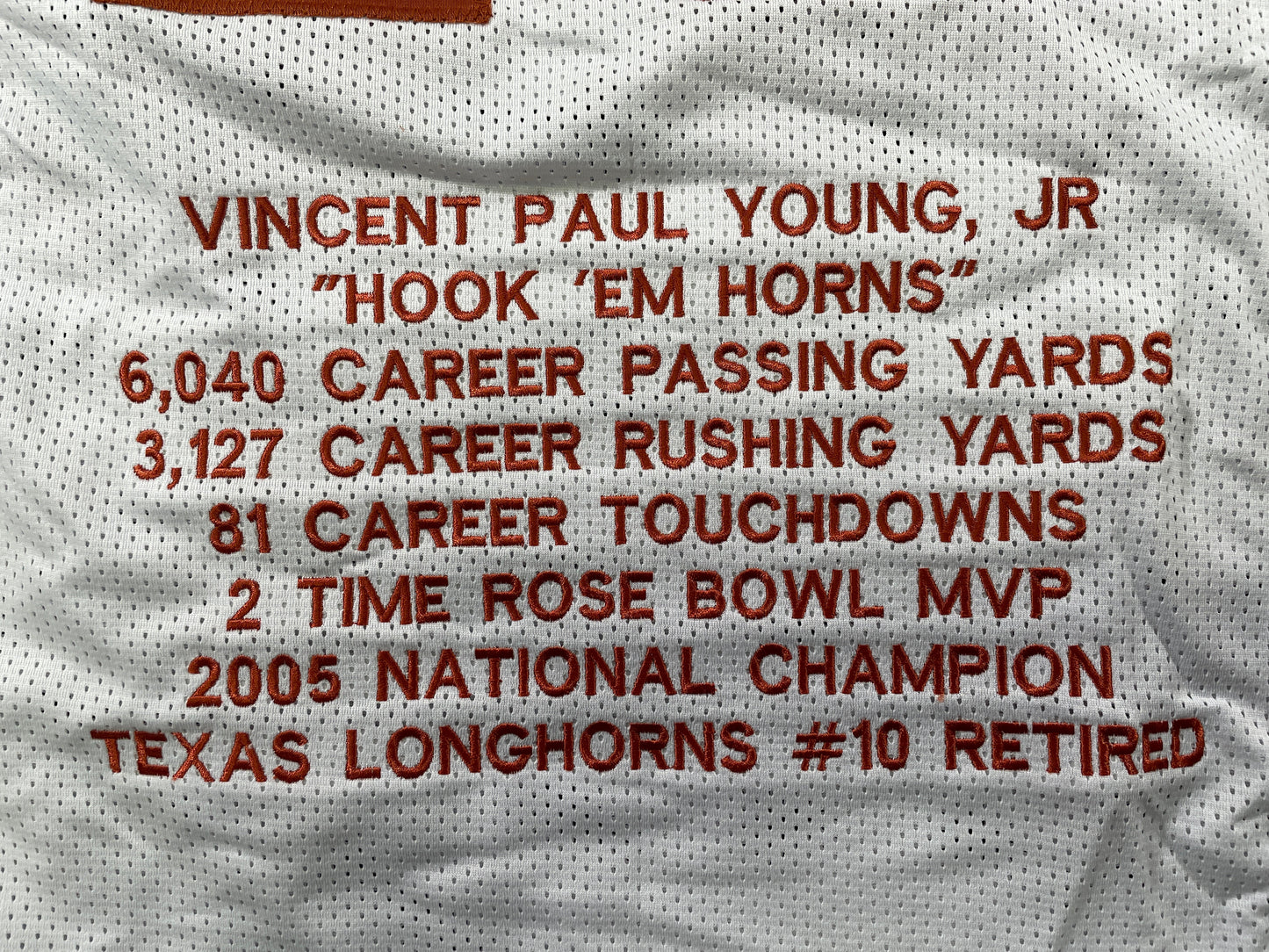 VINCE YOUNG WHITE TEXAS LONGHORNS SIGNED STAT JERSEY JSA COA