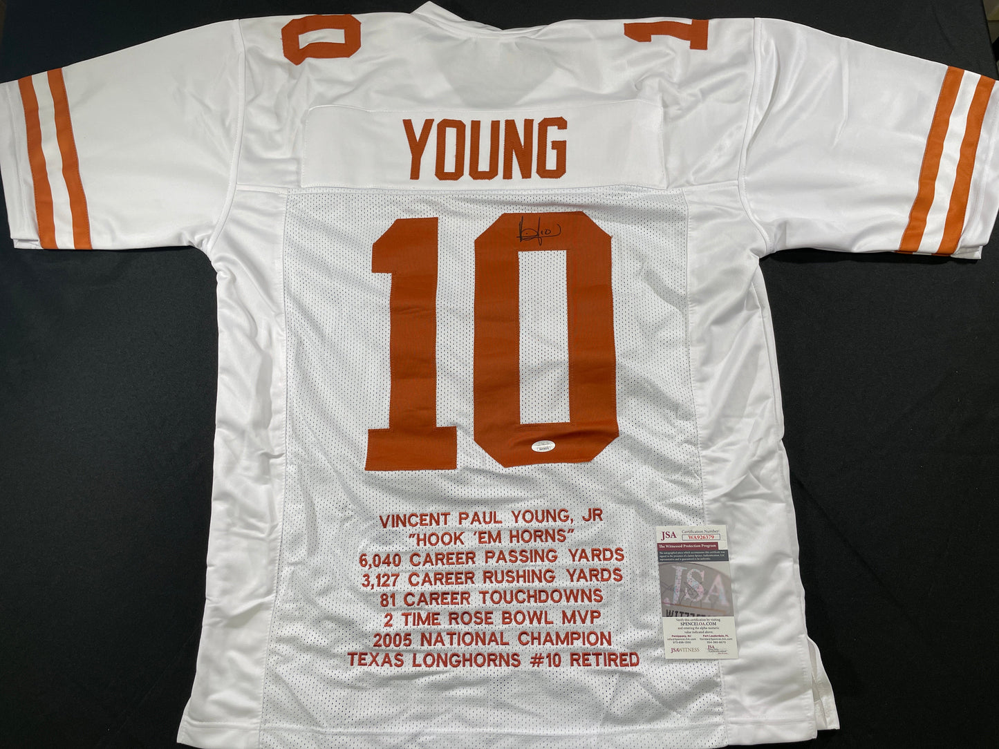 VINCE YOUNG WHITE TEXAS LONGHORNS SIGNED STAT JERSEY JSA COA