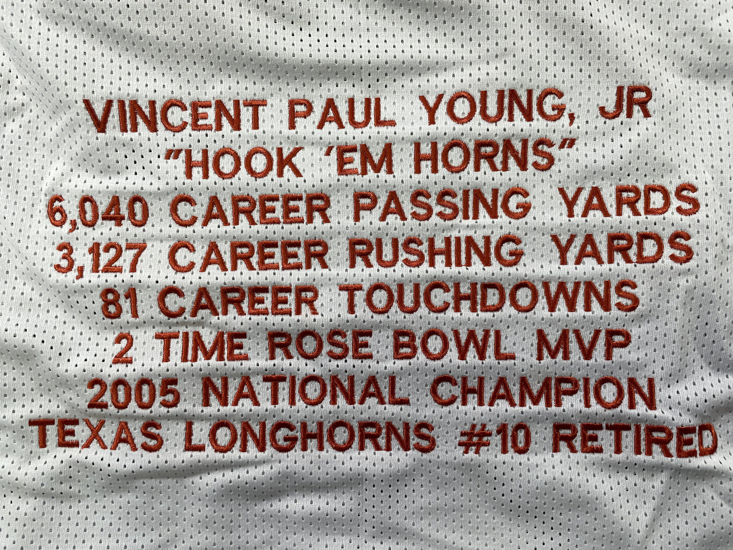 VINCE YOUNG WHITE TEXAS LONGHORNS SIGNED STAT JERSEY JSA COA
