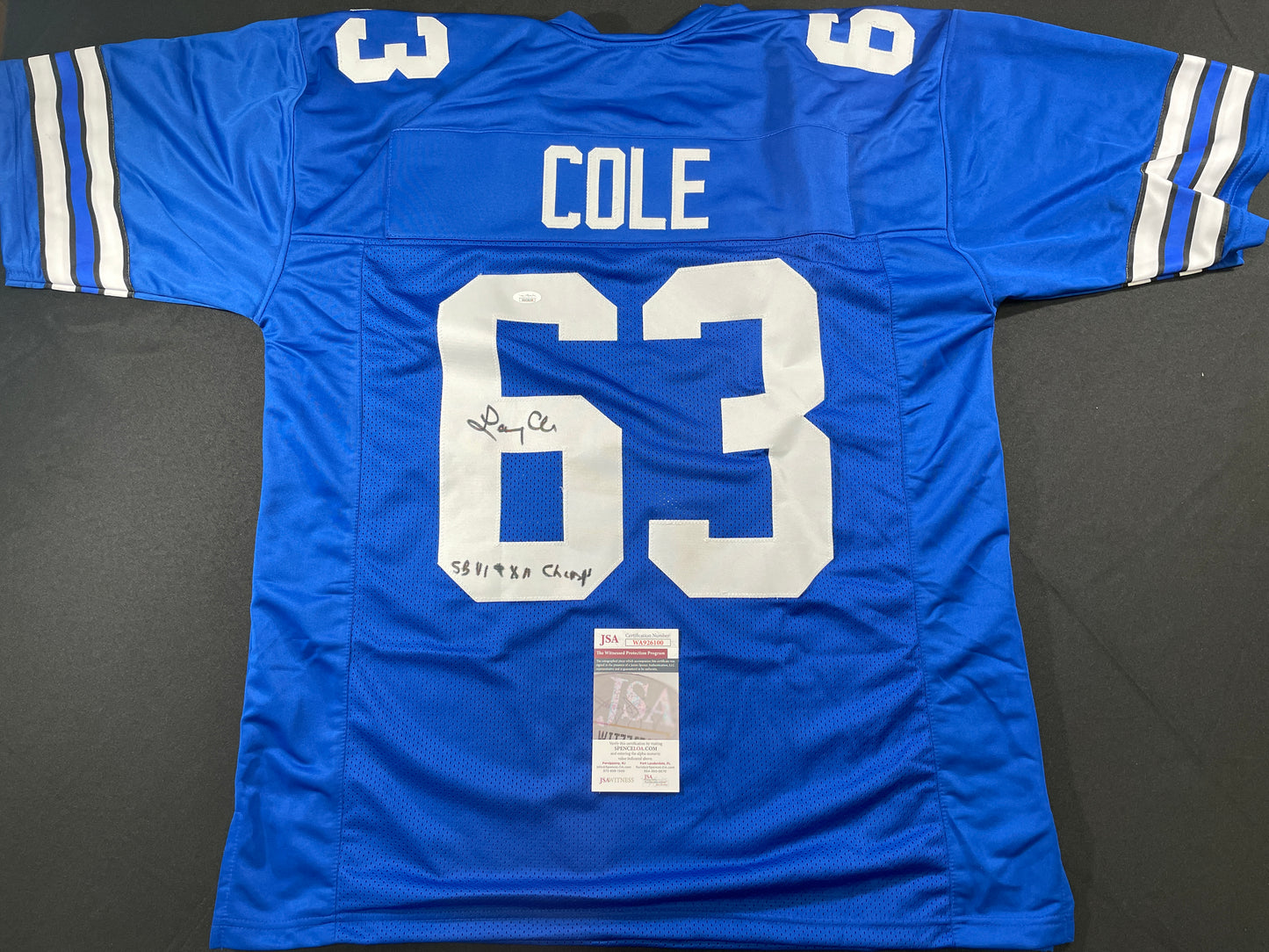 LARRY COLE DALLAS COWBOYS SIGNED BLUE JERSEY w/SB VI & XII Champs XL JSA COA