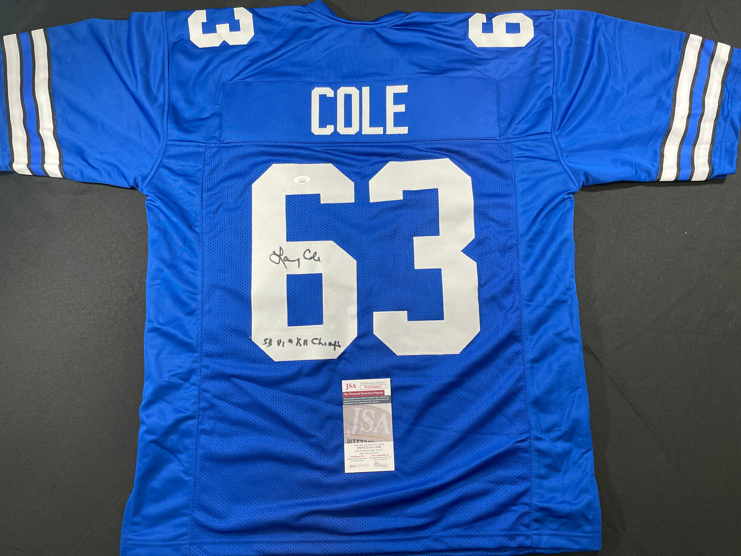 LARRY COLE DALLAS COWBOYS SIGNED BLUE JERSEY w/SB VI & XII Champs XL JSA COA