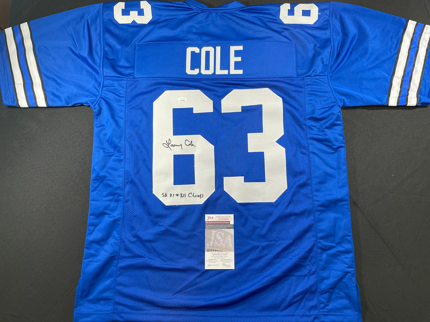 LARRY COLE DALLAS COWBOYS SIGNED BLUE JERSEY w/SB VI & XII Champs XL JSA COA