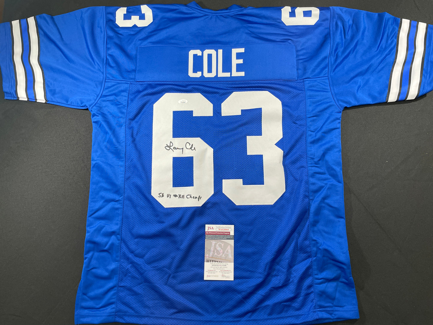 LARRY COLE DALLAS COWBOYS SIGNED BLUE JERSEY w/SB VI & XII Champs XL JSA COA