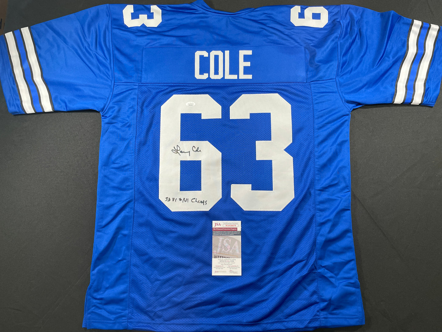 LARRY COLE DALLAS COWBOYS SIGNED BLUE JERSEY w/SB VI & XII Champs XL JSA COA