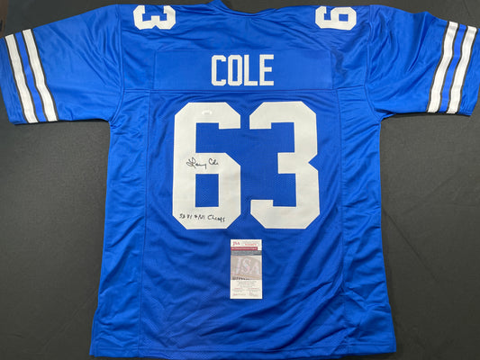 LARRY COLE DALLAS COWBOYS SIGNED BLUE JERSEY w/SB VI & XII Champs XL JSA COA