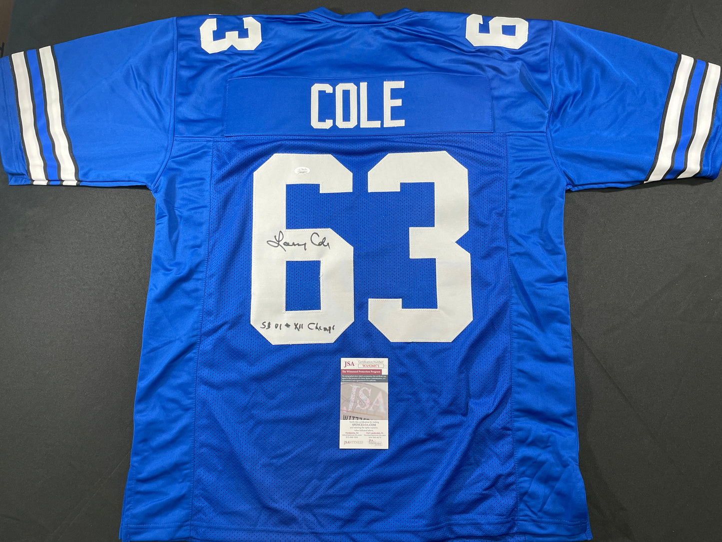 LARRY COLE DALLAS COWBOYS SIGNED BLUE JERSEY w/SB VI & XII Champs XL JSA COA