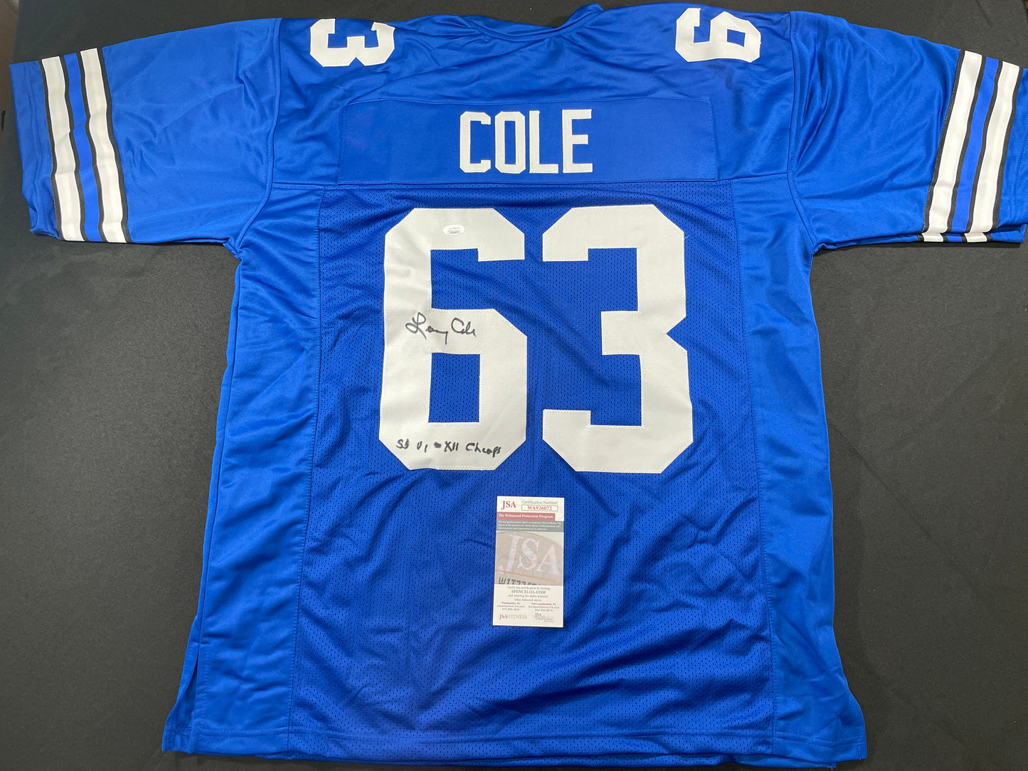 LARRY COLE DALLAS COWBOYS SIGNED BLUE JERSEY w/SB VI & XII Champs XL JSA COA