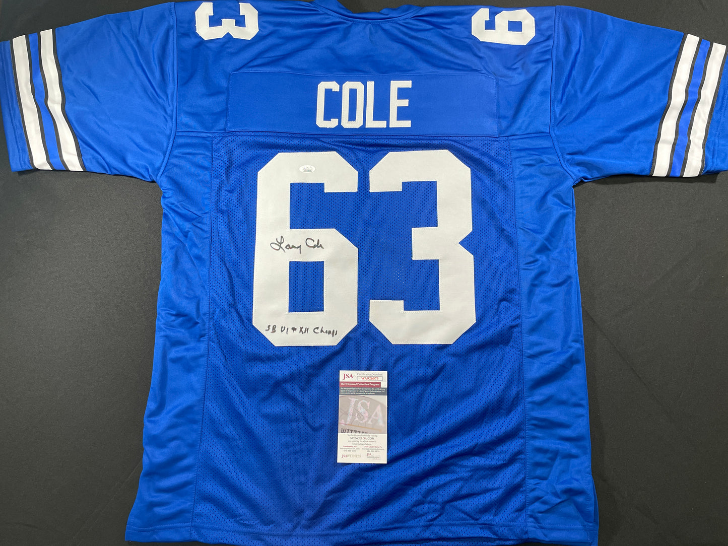 LARRY COLE DALLAS COWBOYS SIGNED BLUE JERSEY w/SB VI & XII Champs XL JSA COA