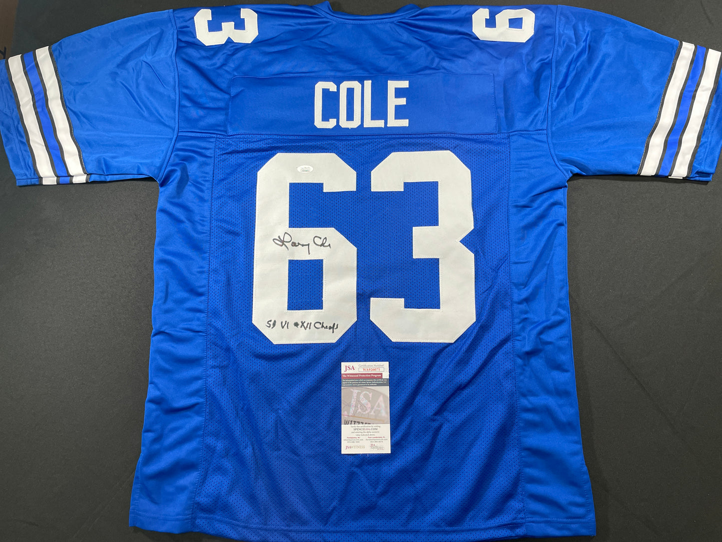 LARRY COLE DALLAS COWBOYS SIGNED BLUE JERSEY w/SB VI & XII Champs XL JSA COA