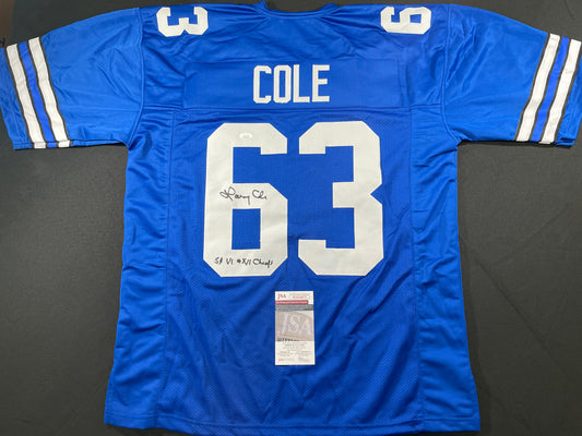 LARRY COLE DALLAS COWBOYS SIGNED BLUE JERSEY w/SB VI & XII Champs XL JSA COA