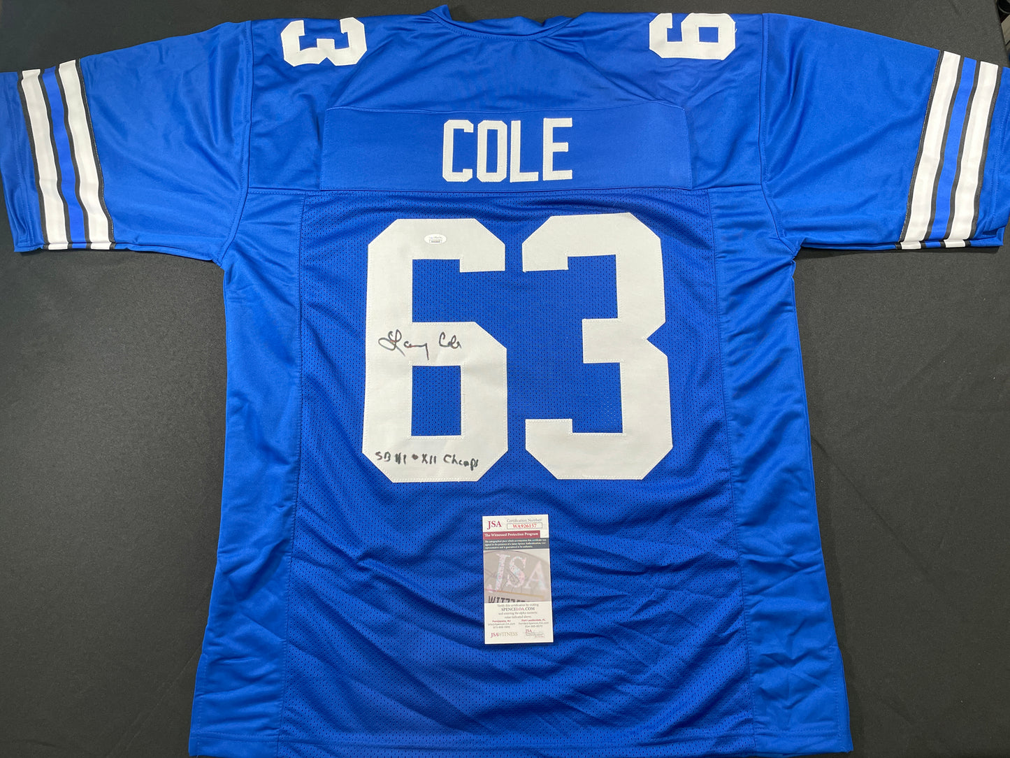 LARRY COLE DALLAS COWBOYS SIGNED BLUE JERSEY w/SB VI & XII Champs XL JSA COA