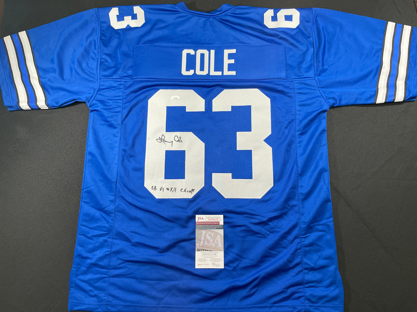 LARRY COLE DALLAS COWBOYS SIGNED BLUE JERSEY w/SB VI & XII Champs XL JSA COA