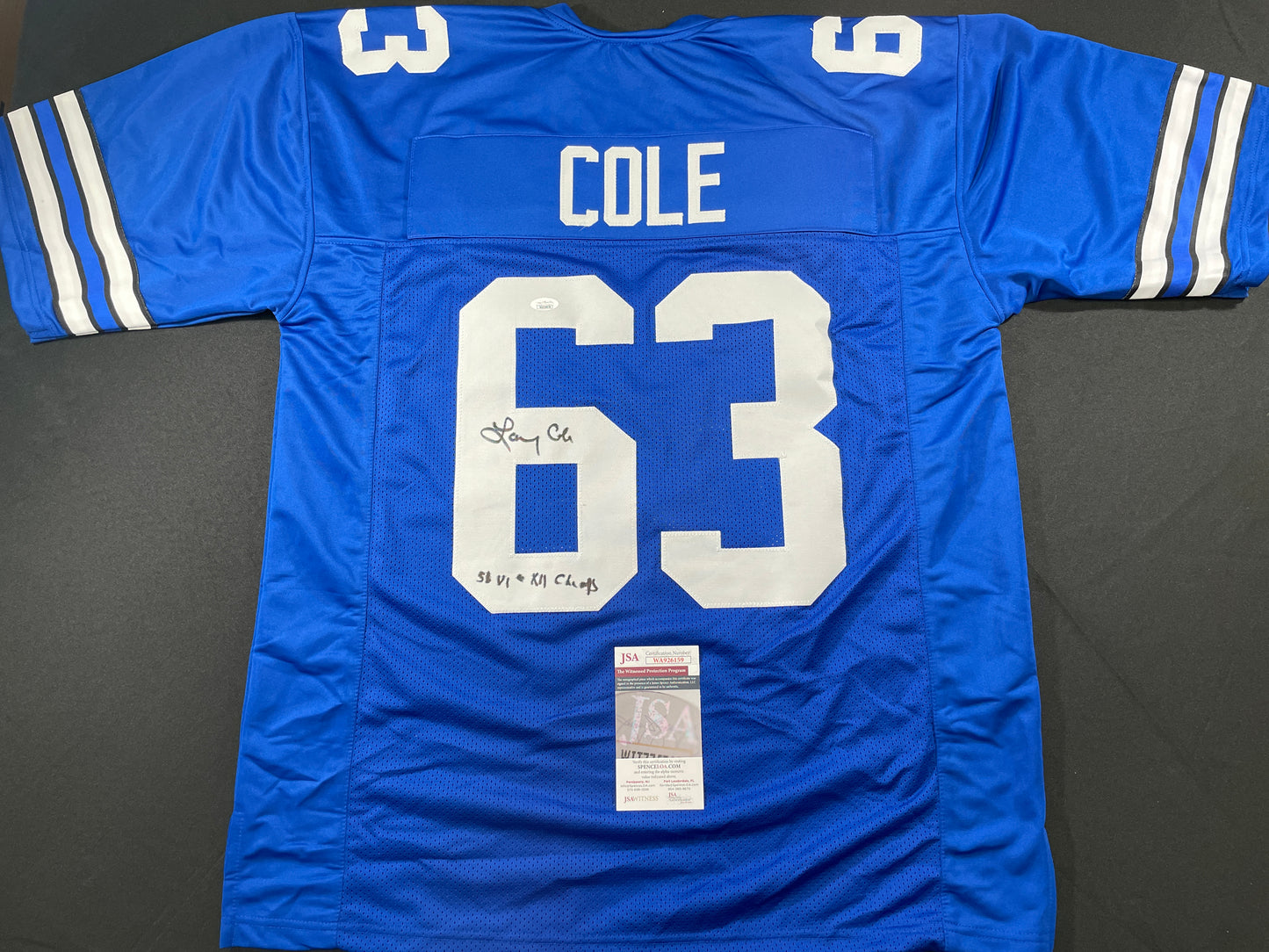 LARRY COLE DALLAS COWBOYS SIGNED BLUE JERSEY w/SB VI & XII Champs XL JSA COA