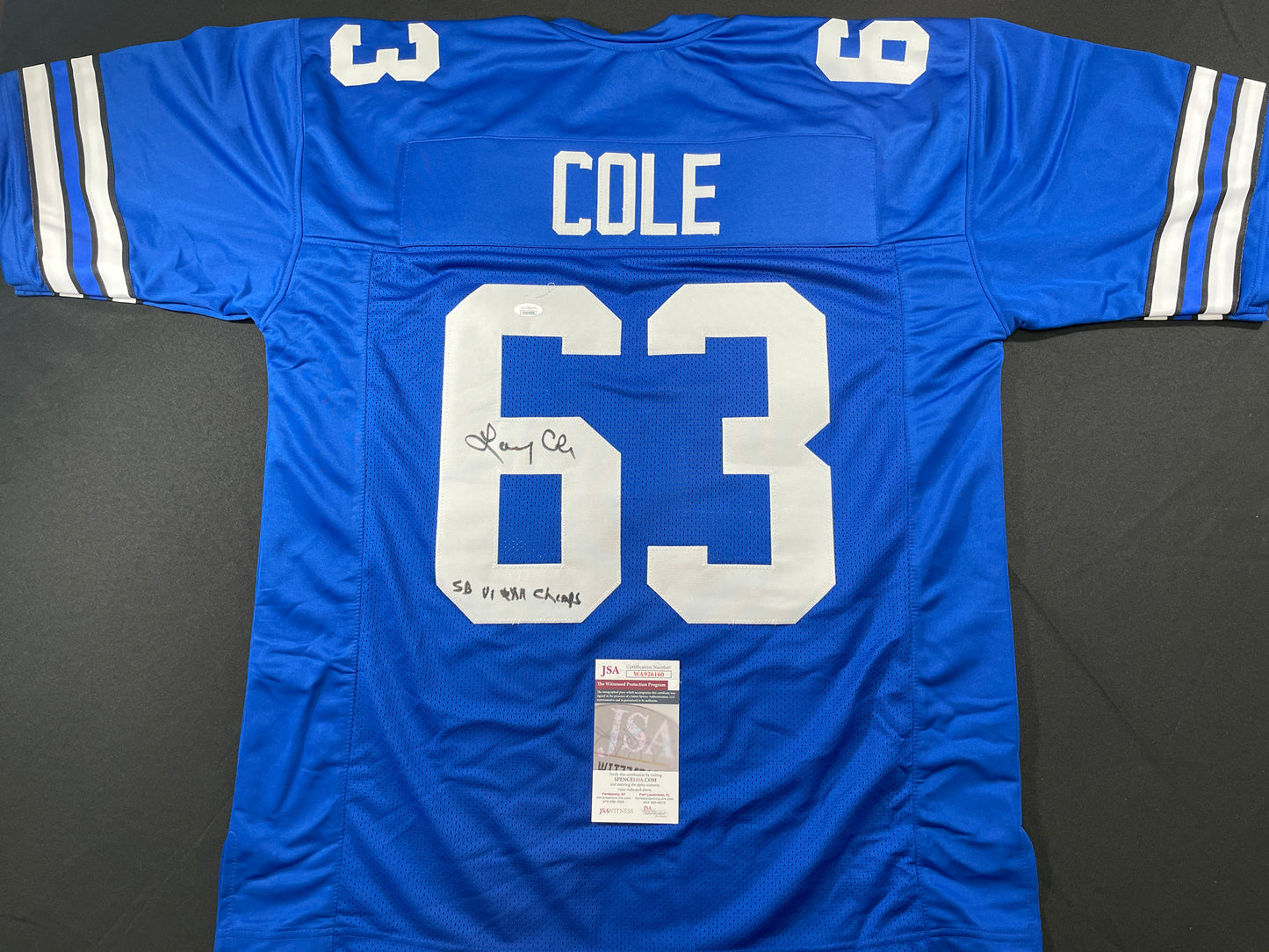 LARRY COLE DALLAS COWBOYS SIGNED BLUE JERSEY w/SB VI & XII Champs XL JSA COA