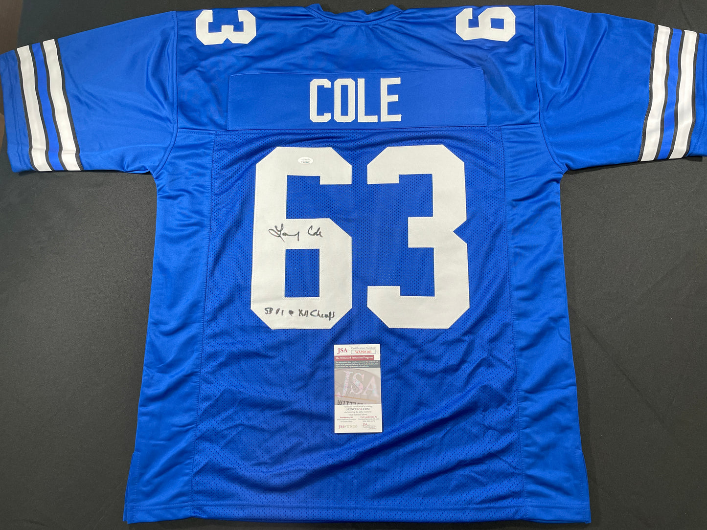 LARRY COLE DALLAS COWBOYS SIGNED BLUE JERSEY w/SB VI & XII Champs XL JSA COA